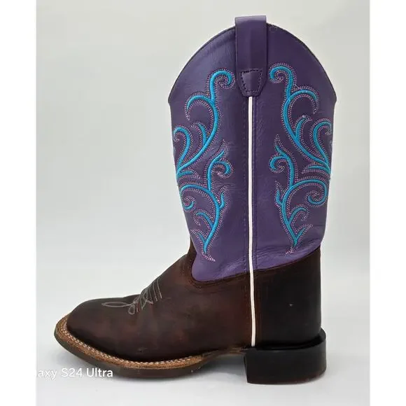 Old West Western Boots Purple Brown Leather Square Toe Cowboy Cowgirl Girls 3.5D - Picture 2 of 9